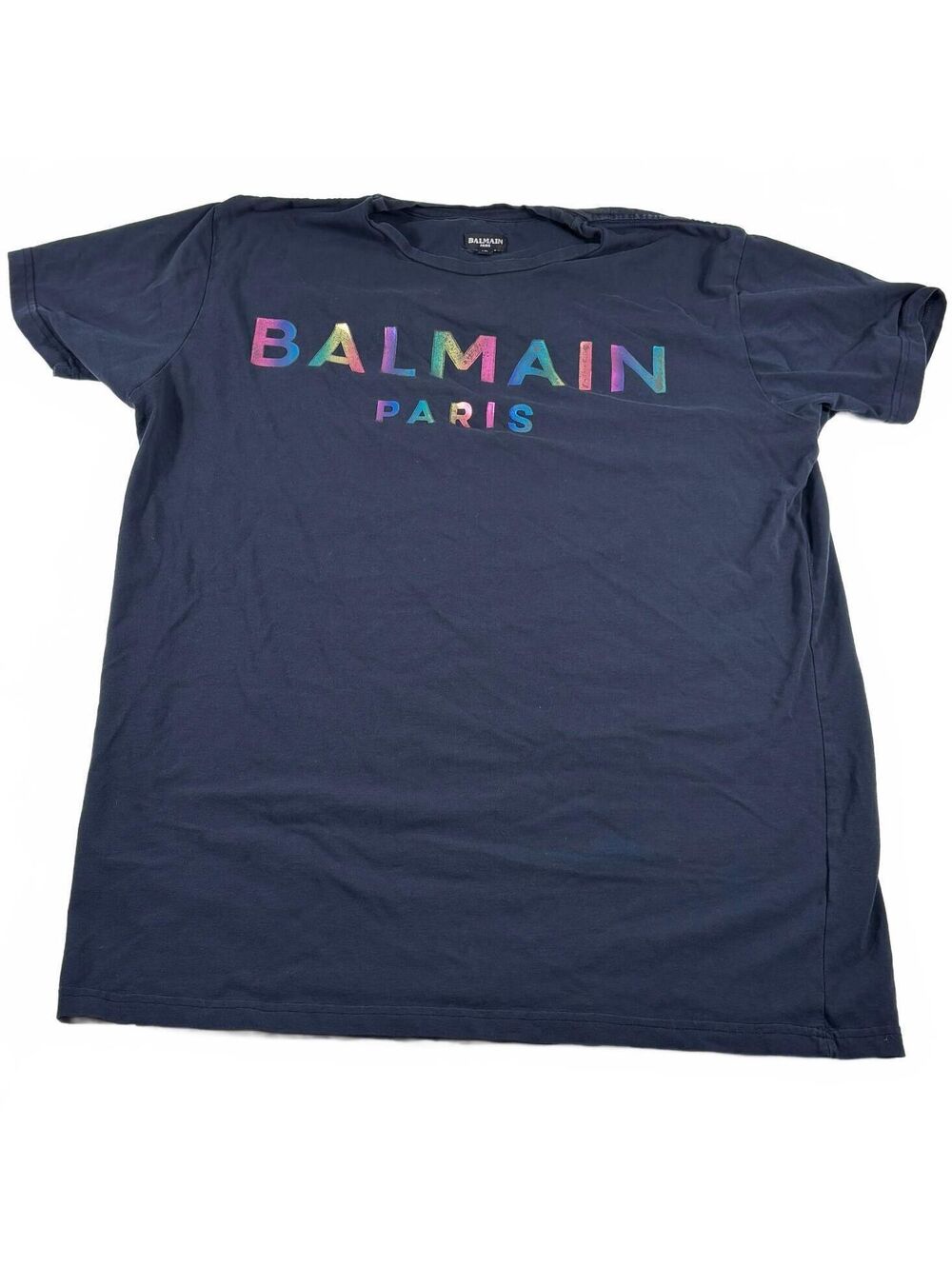 Balmain Paris Men's Navy Blue Short Sleeve Rainbow Holographic Logo T-Shirt XL